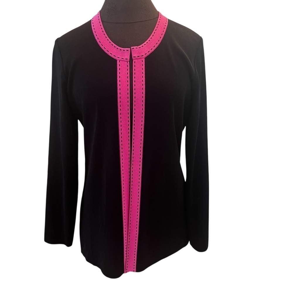 Exclusively Misook Black Open Cardigan Fuschia Trim XS